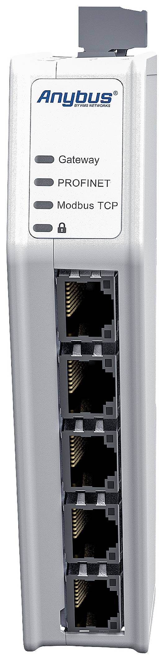 Sieťové zariadenie od Anybus s viacerými ethernetovými portami a svetelnými indikátormi pre 'Gateway', 'PROFINET' a 'Modbus TCP'.