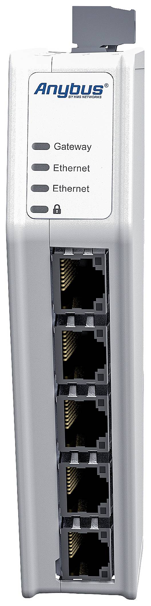 Sieťové prechodové zariadenie s názvom 'Anybus' s viacerými ethernetovými portmi, určené na prepájanie a prenos dát v sieťach.