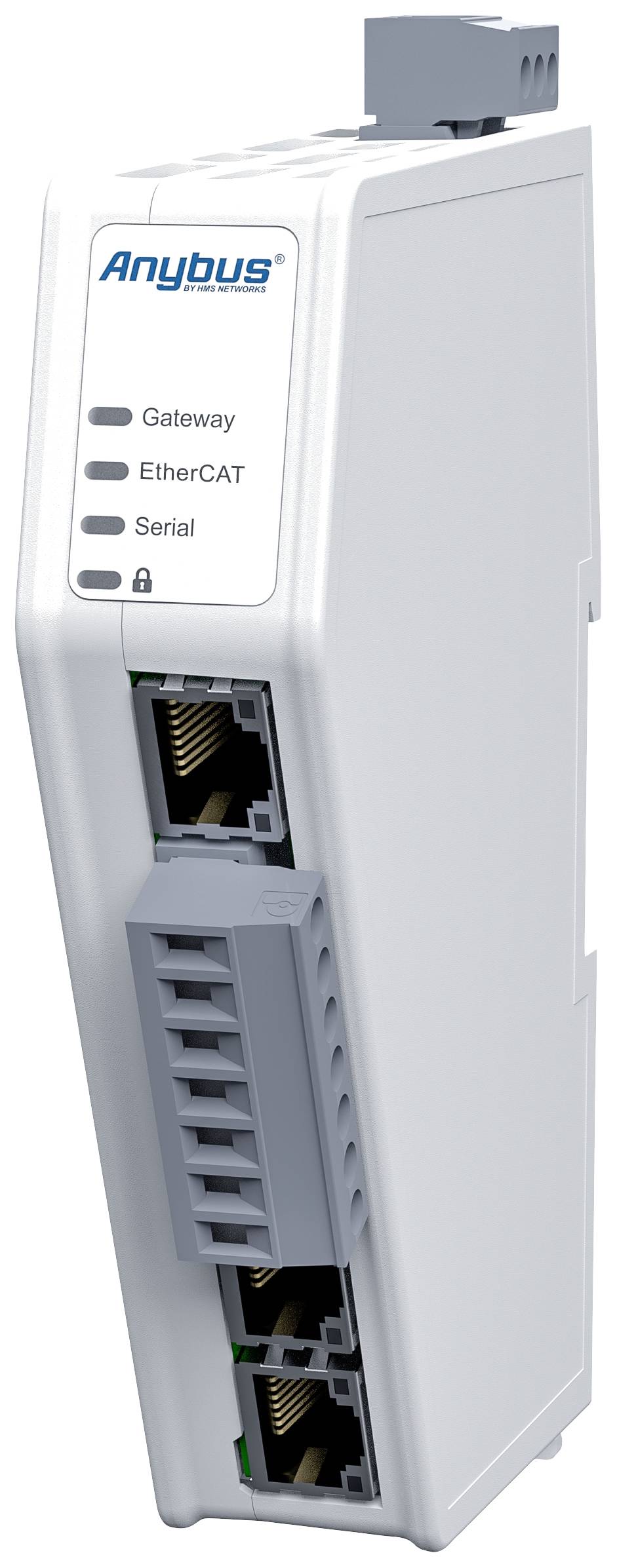 Biele zariadenie Gateway s logom 'Anybus'. Na prednej strane má indikačné LED svetlá pre Gateway, EtherCAT, Serial a LED indikátor zámku.
