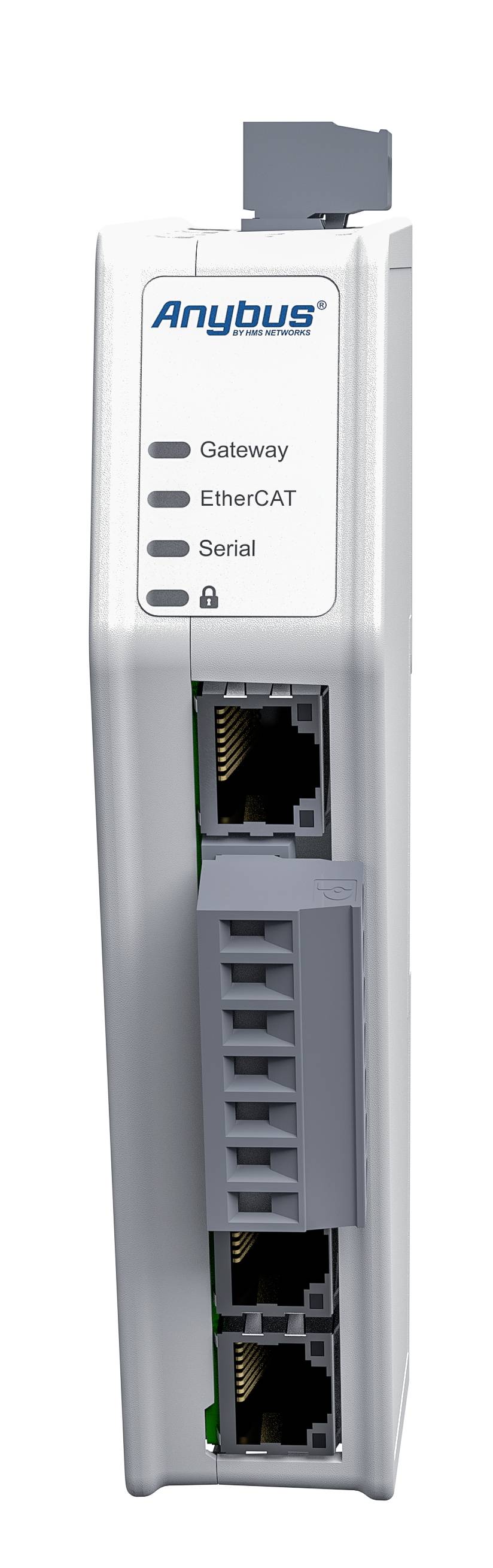 Vertikálne biele zariadenie Anybus s ethernetovým a sériovým rozhraním, označené nápismi 'Gateway', 'EtherCAT' a 'Serial'.