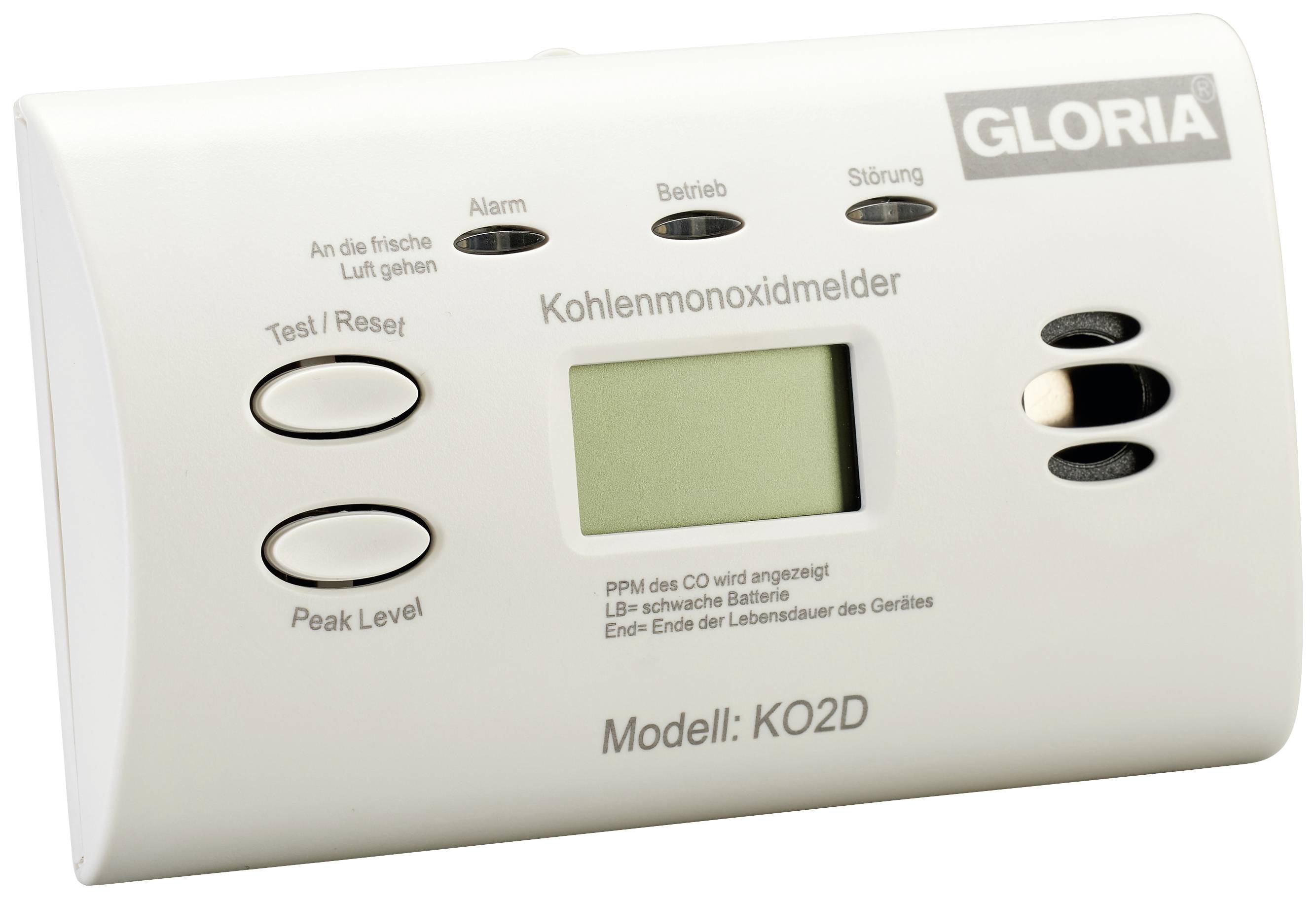Detektor oxidu uhoľnatého s displejom a tlačidlami na test, reset, alarm a indikáciu prevádzky. Model KO2D od spoločnosti Gloria.