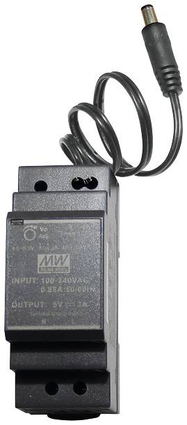 Čierny napájací adaptér so zástrčkou, označený nápisom 'INPUT 100-240V AC' a 'OUTPUT 9V 1,5A', vhodný pre európske zásuvky.