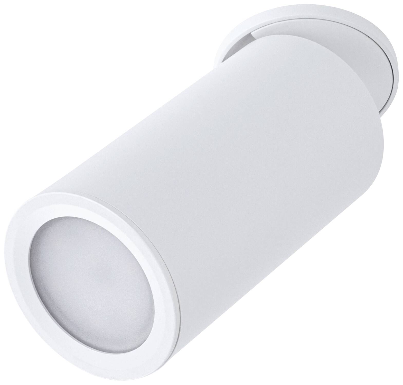 Biely, valcovitý LED stropný reflektor s nastaviteľnou hlavou. Dizajn pre elegantné a funkčné osvetlenie obytného priestoru.