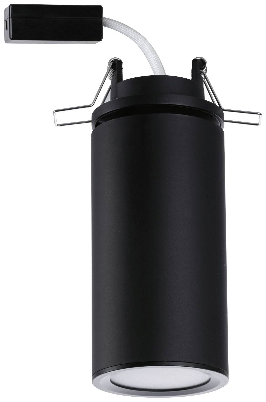 Čierny cylindrický stropný reflektor s držiakmi a káblom pre inštaláciu, vhodný pre modernú interiérovú osvetlenie.