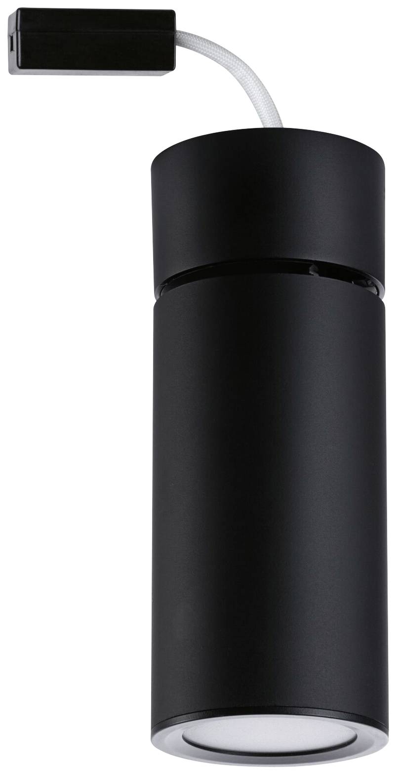 Čierny valcový žiarič s káblovým pripojením, vhodný na vertikálnu alebo horizontálnu inštaláciu na stropy alebo steny.