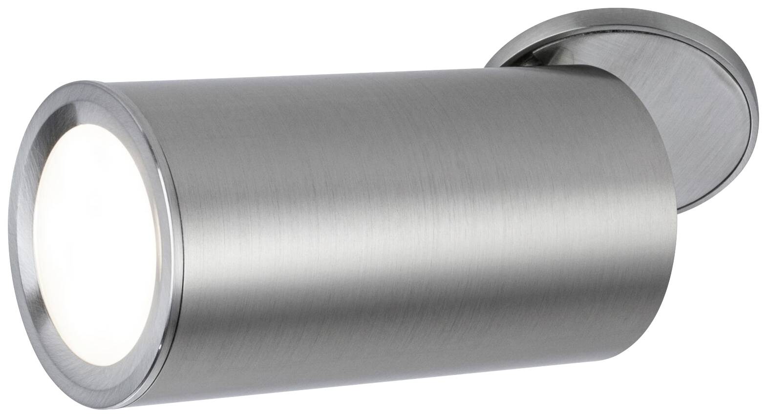 Valcová, strieborná LED nástenná lampa s kruhovým podstavcom. Minimalistický dizajn pre moderné vnútorné alebo vonkajšie osvetlenie.