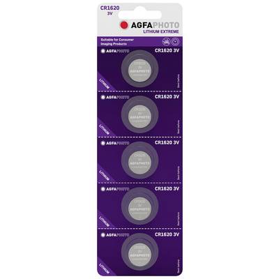 Lítiové batérie AGFA Extreme CR1620 3V, vhodné pre elektronické produkty, balenie v fialovom blistri po päť kusov.
