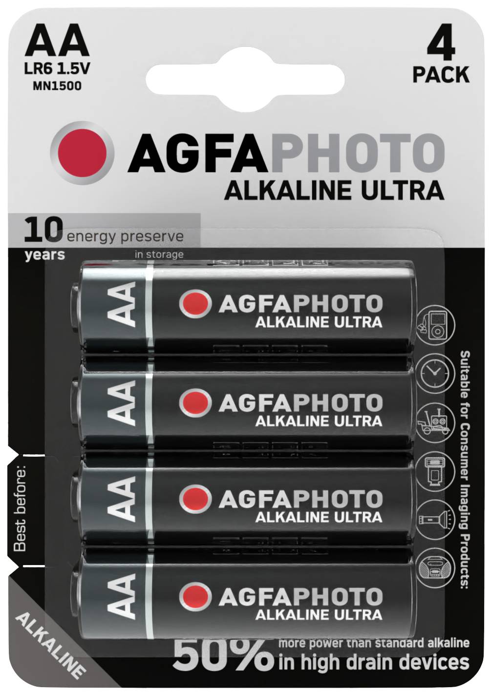 'AGFAPHOTO Alkalické batérie Ultra AA, balenie 4 kusy. Vhodné pre zariadenia s vysokou spotrebou energie. Trvanlivosť: 10 rokov.'