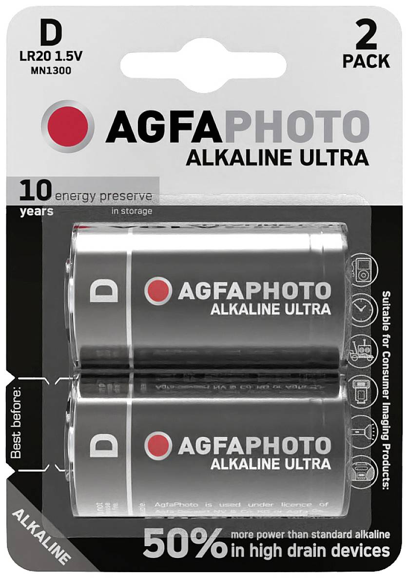 'AGFAPHOTO Alkalické Ultra' D batérie, 2-kusové balenie, dlhodobé uchovanie energie, vhodné pre zariadenia s vysokou spotrebou energie.