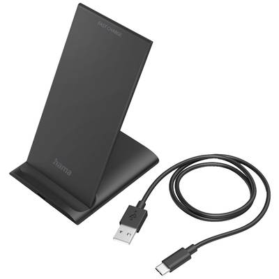 Čierna bezdrôtová nabíjačka s USB káblom, stojanový dizajn, nápis 'Rýchle nabíjanie', značka Hama, vhodná pre smartfóny.