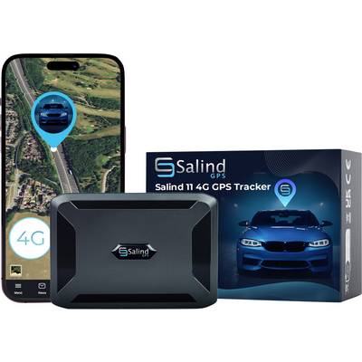 Salind GPS 4G tracker - obrázok produktu zobrazujúci zariadenie trackera, mapu aplikácie telefónu s kolíkom polohy auta a maloobchodný box.