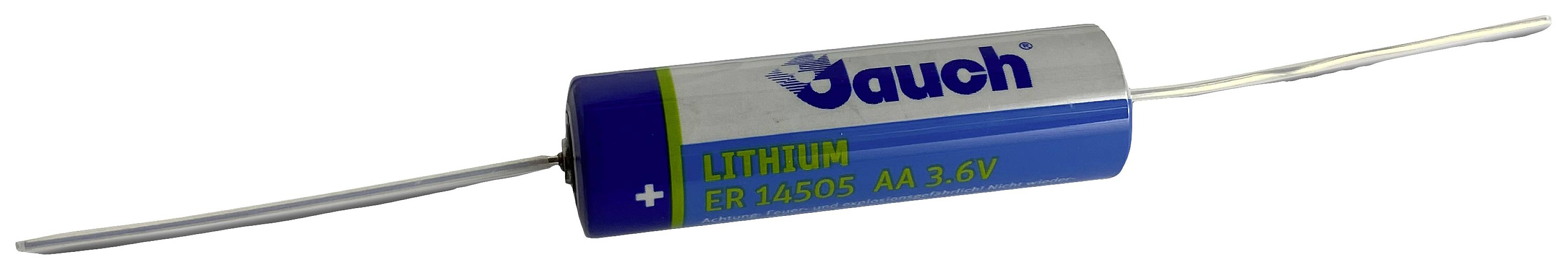Lítiová batéria od Jaucha, model ER14505 AA 3,6V, valcovitého tvaru s modrým a strieborným označením, zobrazujúca "+" a "-" póly.
