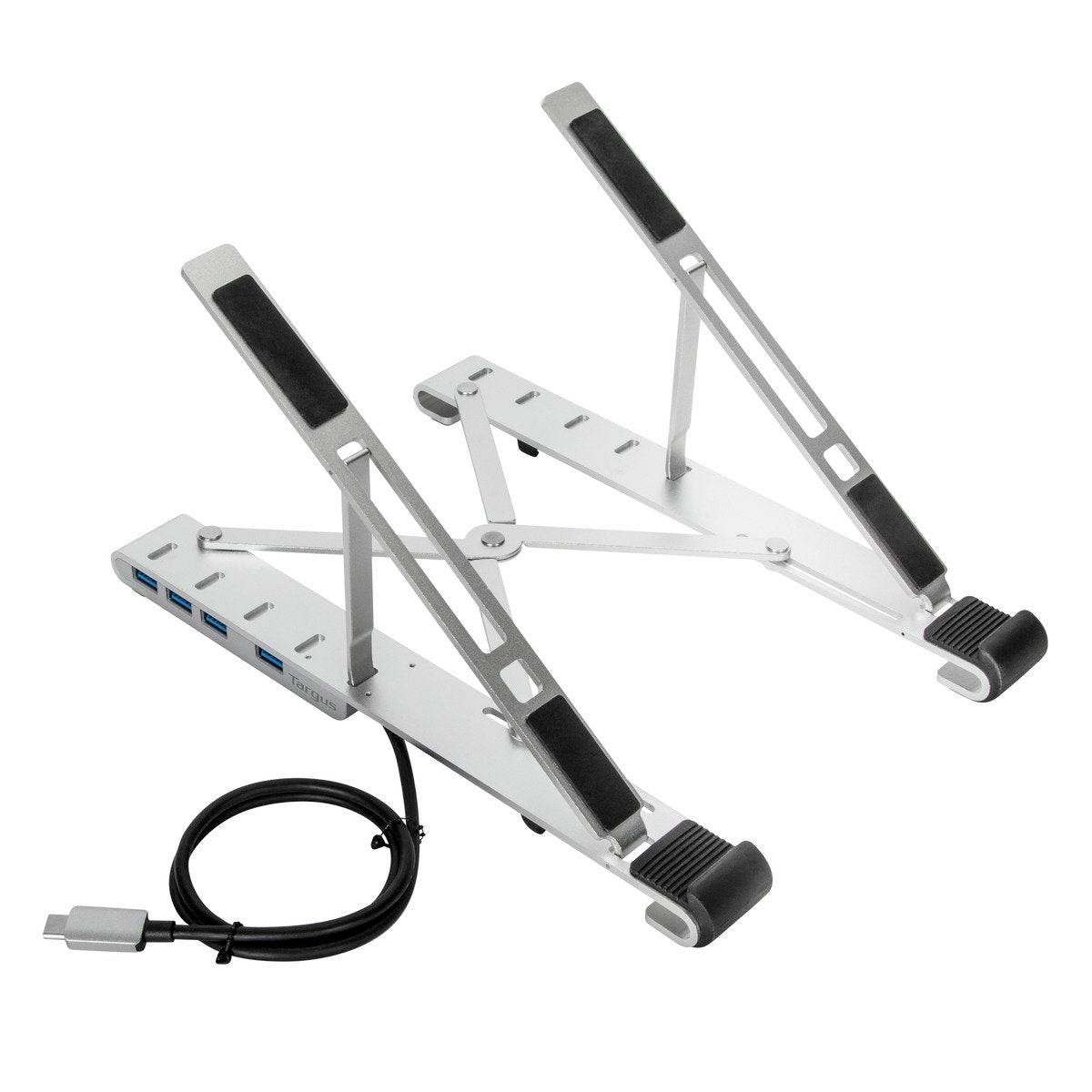 Kovný stojan na notebook s nastaviteľnou výškou. Integrovaný USB hub so štyrmi portami a USB-C káblom.