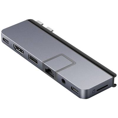 Sivý USB-C hub s portami: HDMI, USB-A, Ethernet, Audio a čítačka microSD kariet. Vhodný pre laptopy.
