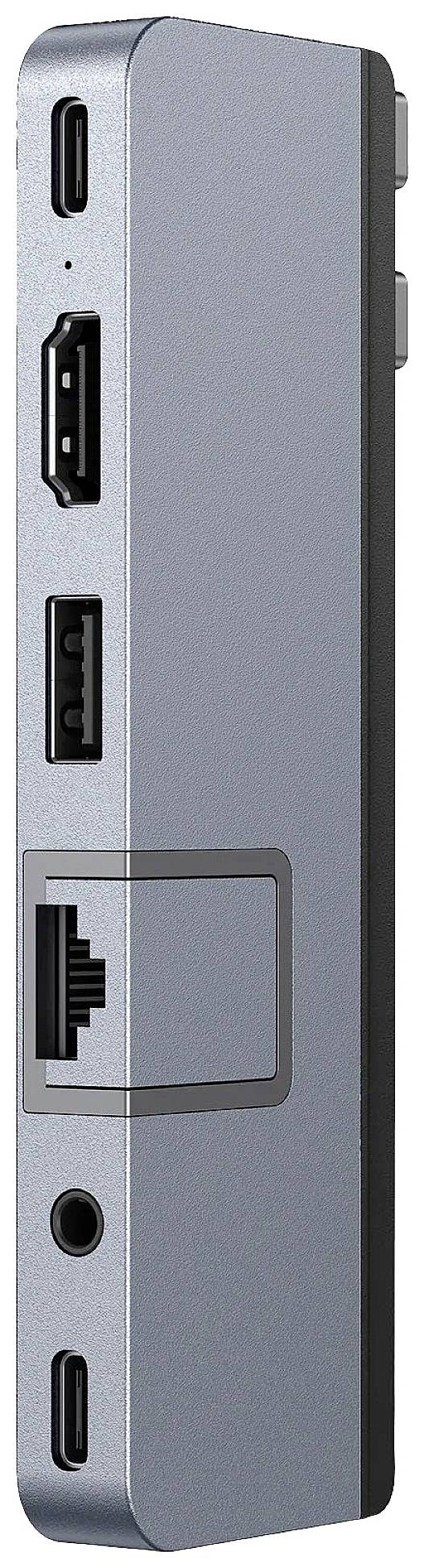 Strieborný USB-C hub s viacerými portami vrátane HDMI, USB-A a Ethernetového pripojenia, vhodný pre pripojenie k laptopom.