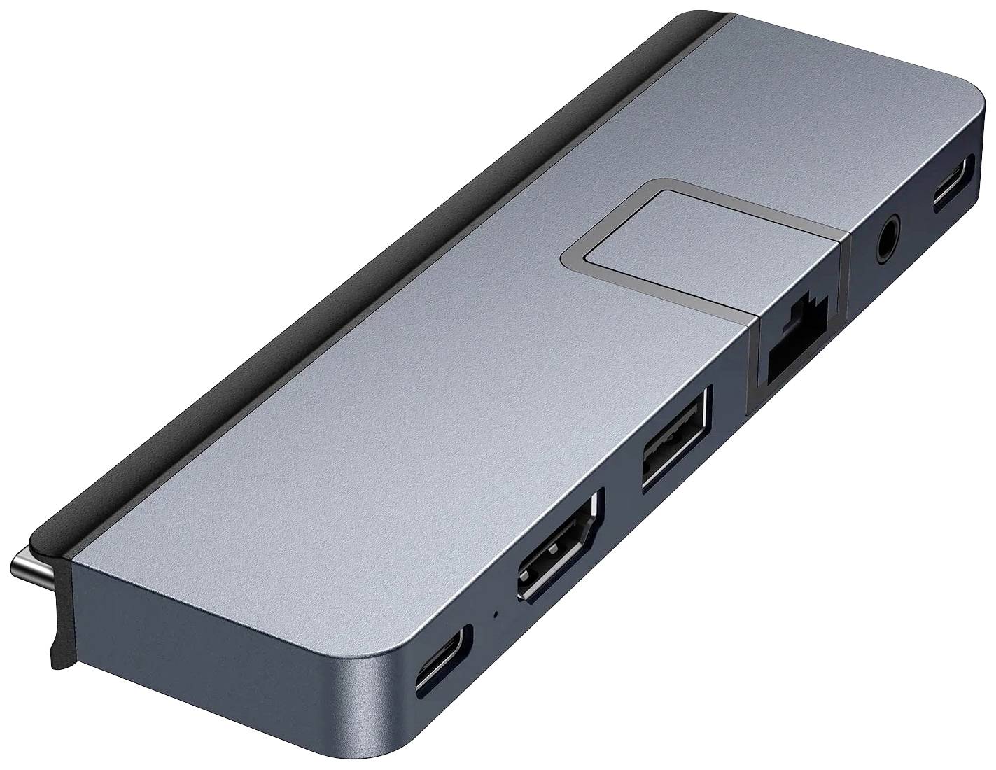 Strieborný USB-C hub s viacerými portami vrátane HDMI, USB-A, USB-C a Ethernet pre rozšírenú konektivitu.