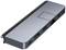 Strieborný USB-C hub s viacerými portami vrátane HDMI, USB-A, USB-C a Ethernet pre rozšírenú konektivitu.