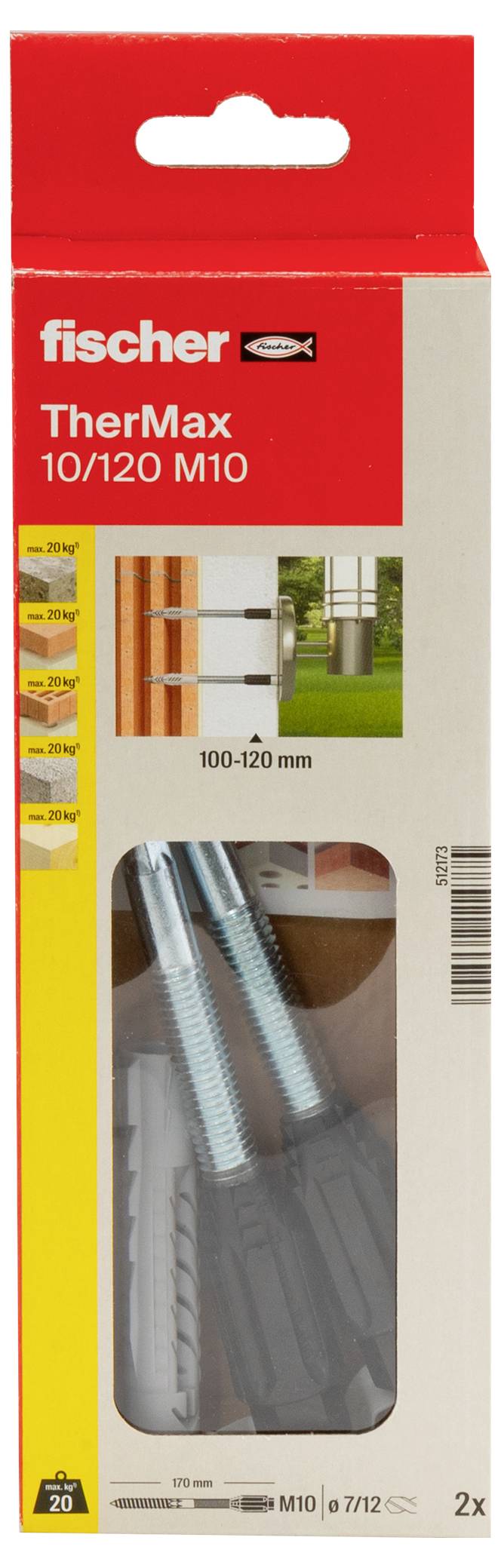 Balenie pre Fischer TherMax 10/120 M10. Zobrazuje obrázky produktu, príklad použitia a produktové informácie. Obsahuje 2 diely.