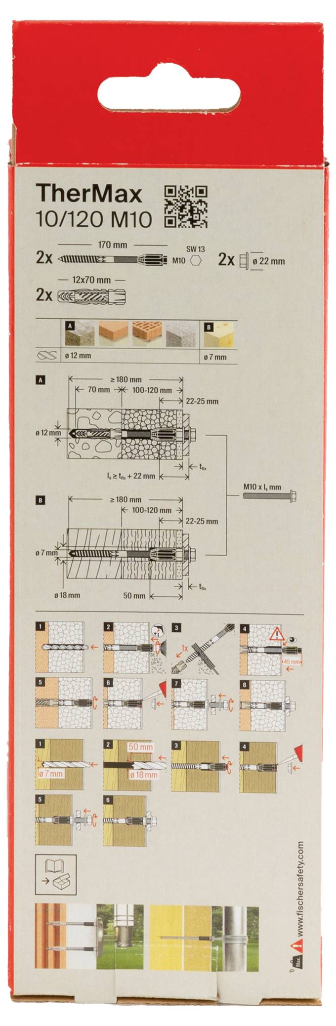 Balenie upevňovacieho systému TherMax 10/120 M10. Obsahuje diagramy inštalácie a bezpečnostné pokyny.