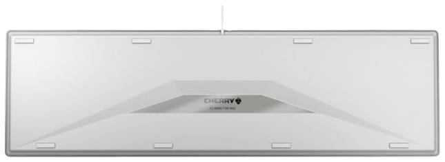 Biela spodná strana klávesnice so symetrickým dizajnom. Centrálne umiestnené logo zvýraznené sivou farbou s textom 'CHERRY'. Nad ním miesto pre kábel.