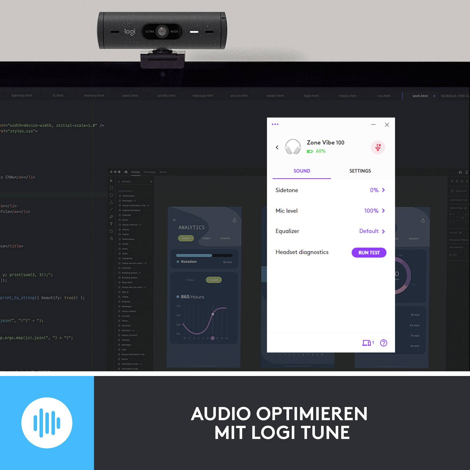 'Optimalizácia zvuku pomocou Logi Tune.' Hore je kamera na monitore, dole okno softvéru s nastaveniami ovládania zvuku.
