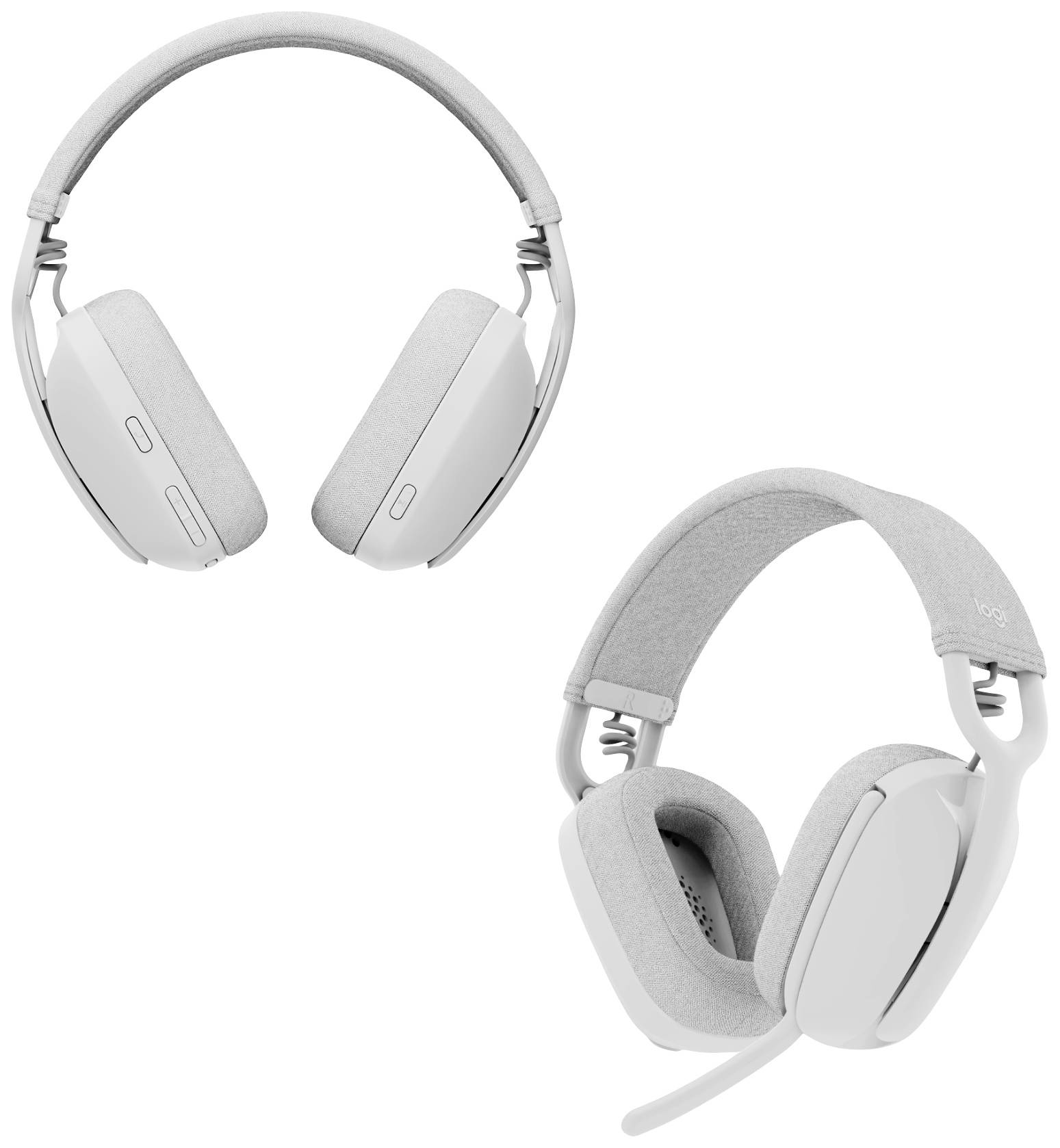 Dva biele over-ear slúchadlá, jeden ukazuje prednú stranu a druhý zadnú stranu. Oba majú jednoduché, moderné dizajn.