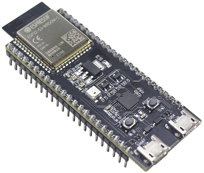 Mikroprocesorová doska s čipom ESP32, obklopená rôznymi konektormi a elektronickými súčiastkami.