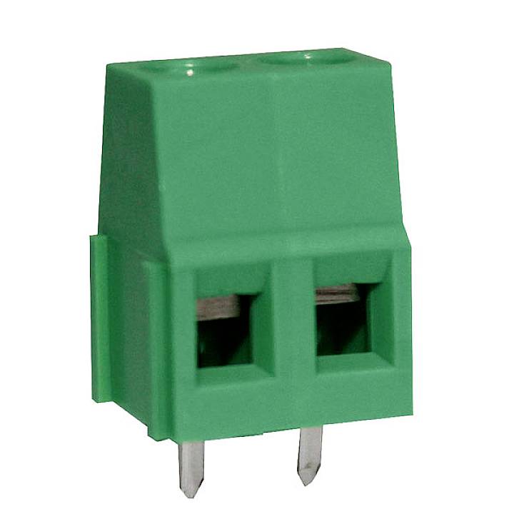 Zelená dvojpólová doska svoriek z plastu s kovovými pripojeniami, používaná v elektronických aplikáciách.