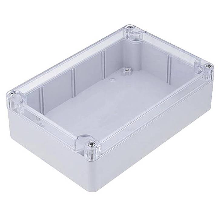 Sivý, obdĺžnikový plastový box s priehľadným vekom, vhodný pre elektronické puzdro, zobrazený na bielom pozadí.
