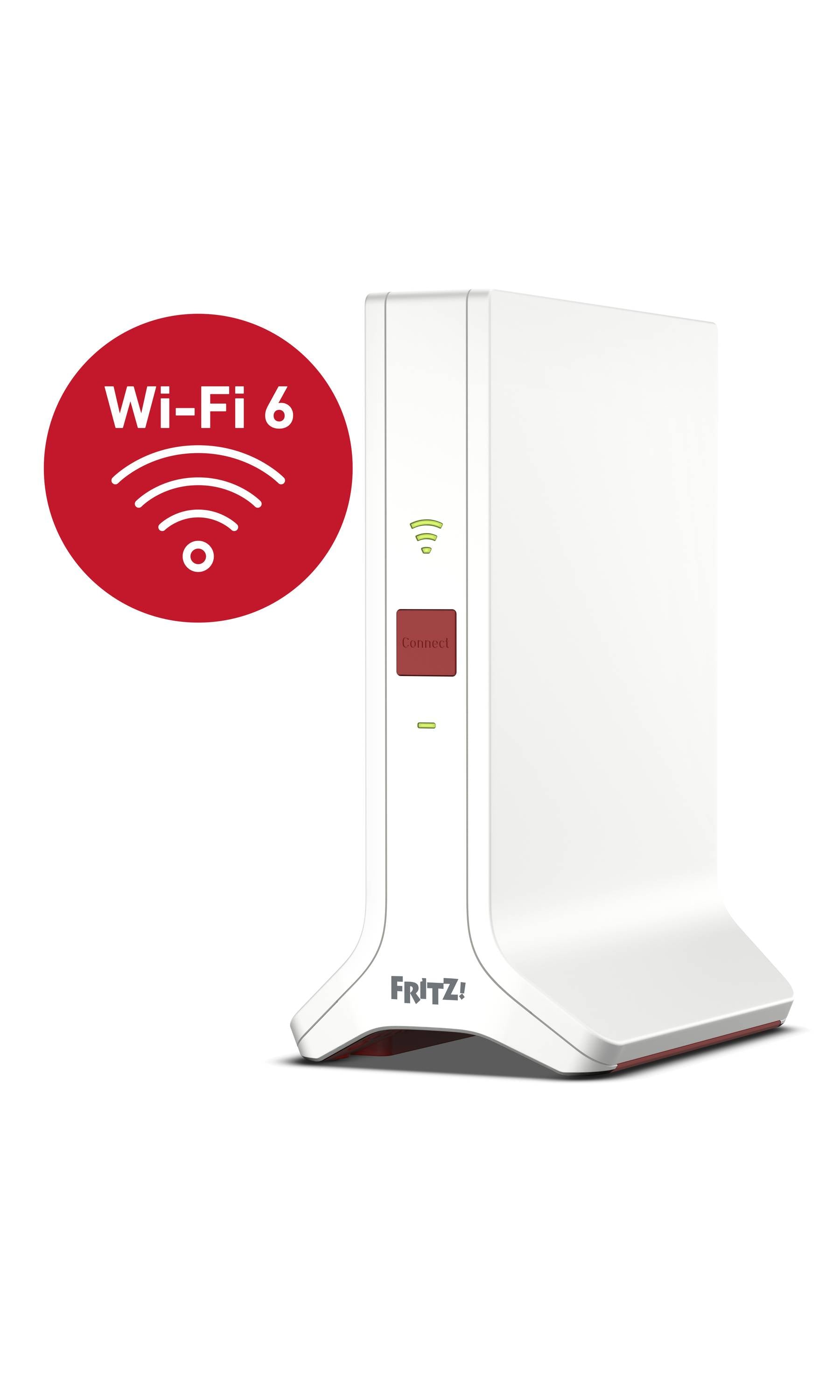 Fritz Repeater s logom Wi-Fi 6. Biele, vzpriamene stojace zariadenie s vetracími otvormi, LED indikátormi a červeným symbolom WLAN.