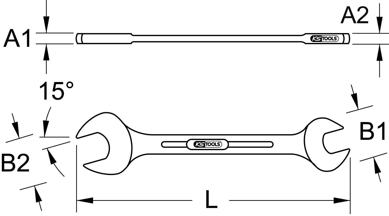 Technický nákres kľúča s rozmermi: A1, A2, B1, B2 a L; uhol 15°; integrované logo značky 'KS Tools'.