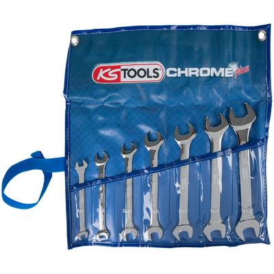 Sada ôsmich chrómovaných plochých kľúčov v modrej prenosnej taške s logom "KS Tools Chrome Plus".