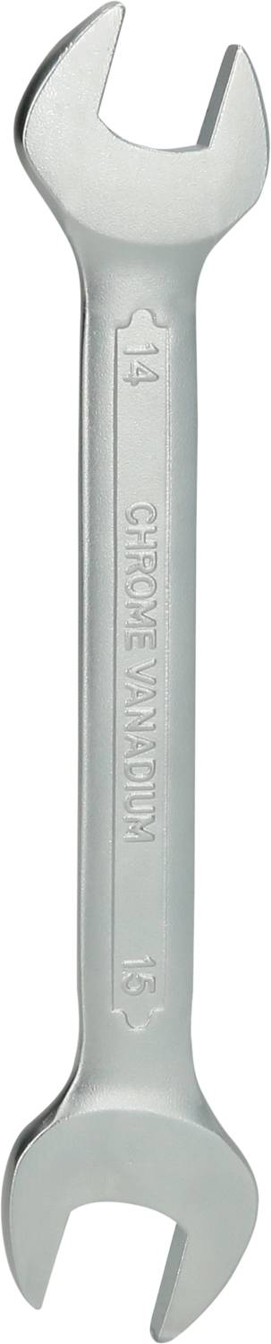 Strieborný kľúč s dvoma otvorenými koncami, na ktorých sú vygravírované veľkosti '14 mm' a '13 mm'.