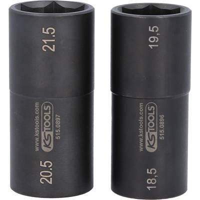 Dva čierne nástrčné kľúče, jeden s veľkosťami 21,5 a 20,5, druhý s veľkosťami 19,5 a 18,5, každý s logom 'KSTOOLS'.