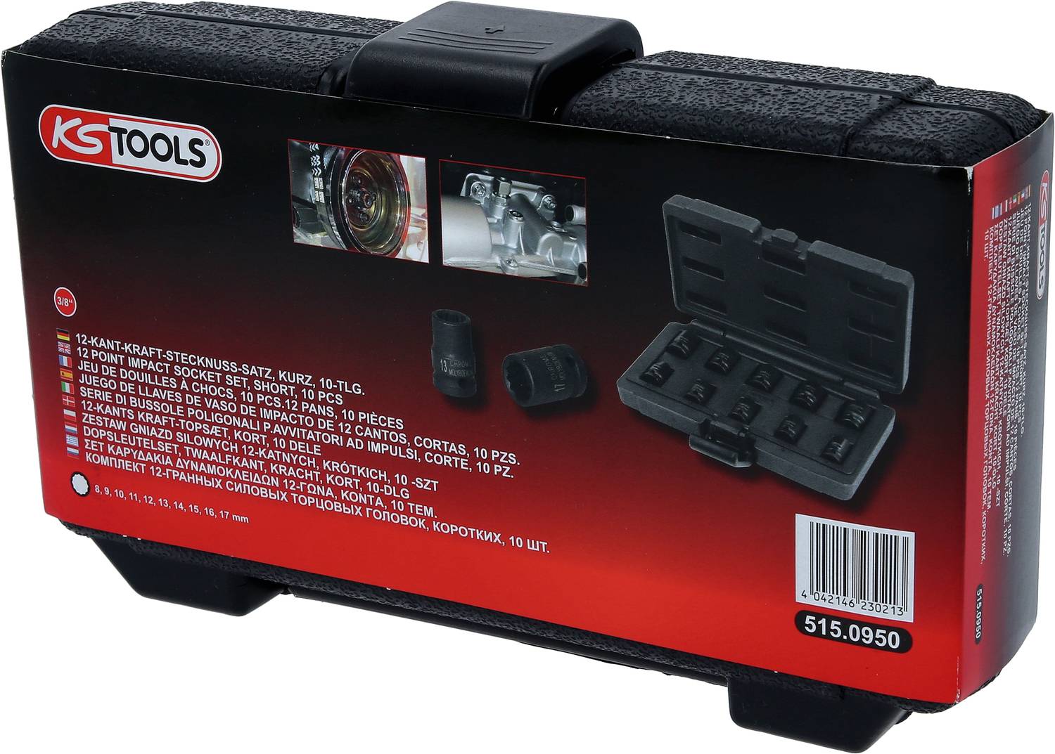 Plastový kufrík s potlačou 'KS Tools 1/2'' SADA NÁSTRČNÝCH KĽÚČOV, KRÁTKA, 10-DIELNA.' a obrázkom sady nástrčných kľúčov.