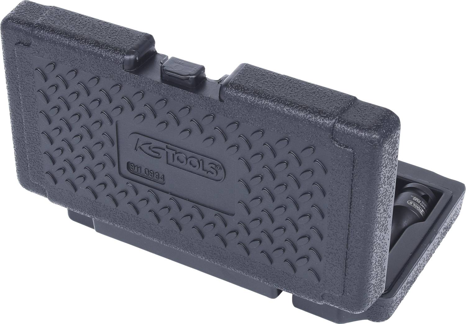 Plastový kufor od KS Tools so štruktúrovanou rukoväťou. Obsahuje náradie, pričom je viditeľná časť s vytlačeným nápisom.