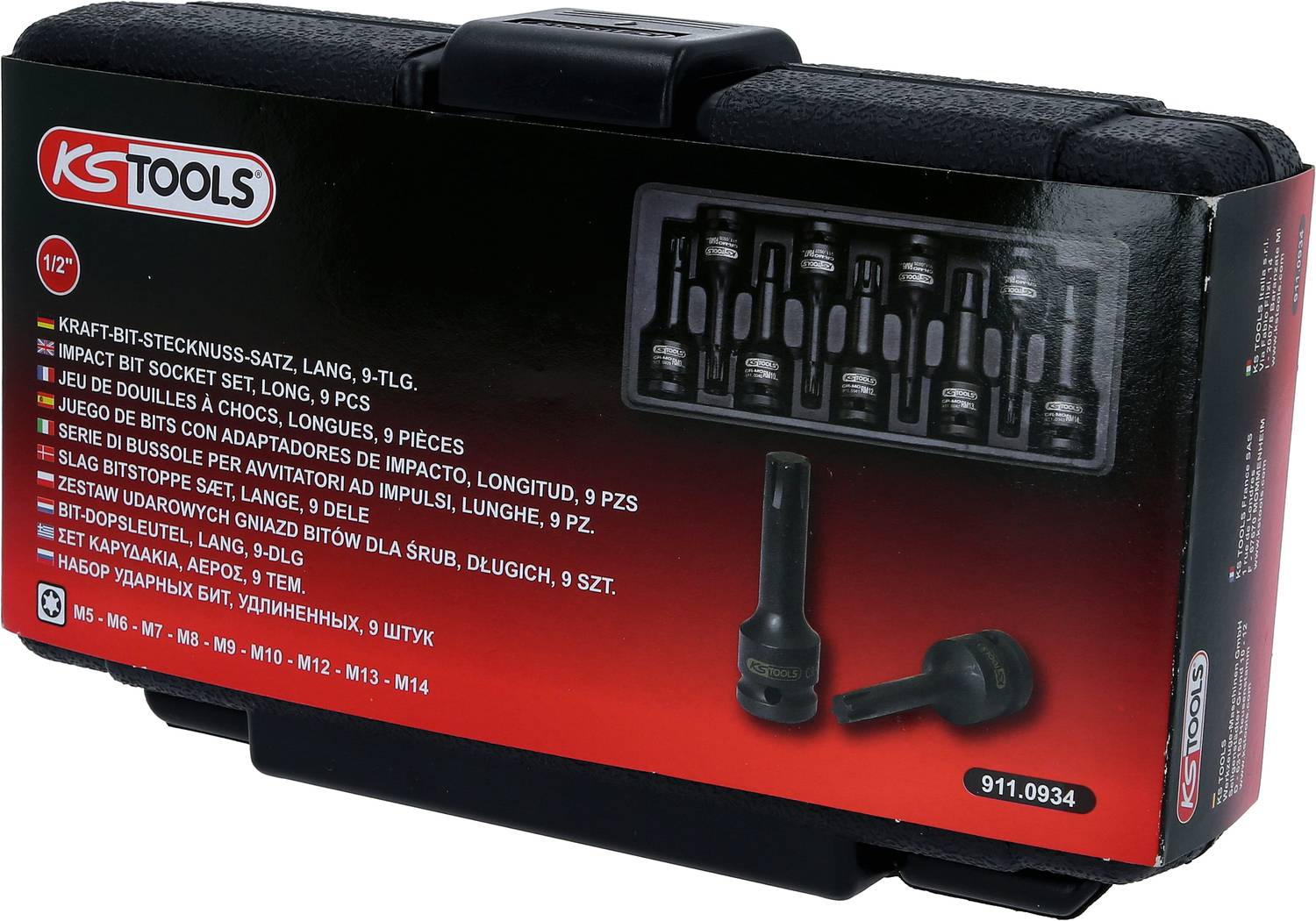 Čierne púzdro s nápisom 'KS Tools'. Obsahuje deväťdielnu sadu nástrčných kľúčov Kraft Bit, jednotlivé nástrčné kľúče sú vyobrazené.