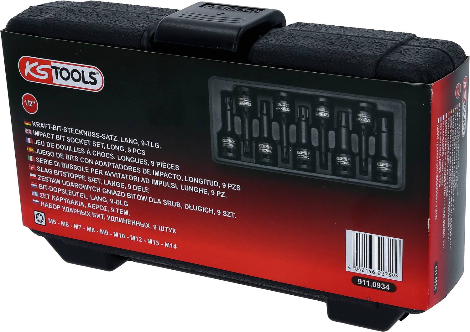 Sada nástrčných kľúčov Kart-Bit, dlhá, 9-dielna, 1/2" od KS Tools, zobrazuje čiernu škatuľu s ilustrovaným detailným pohľadom na obsah.