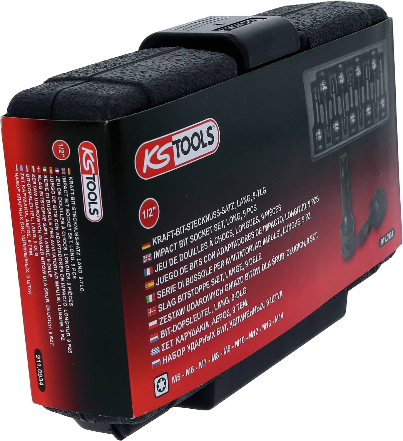 Sada nástrčných bitových kľúčov KS Tools s vysokou silou pozostávajúca z 9 dielov v čiernej krabici. Obsahuje príslušenstvo pre rôzne upevňovacie skrutky.