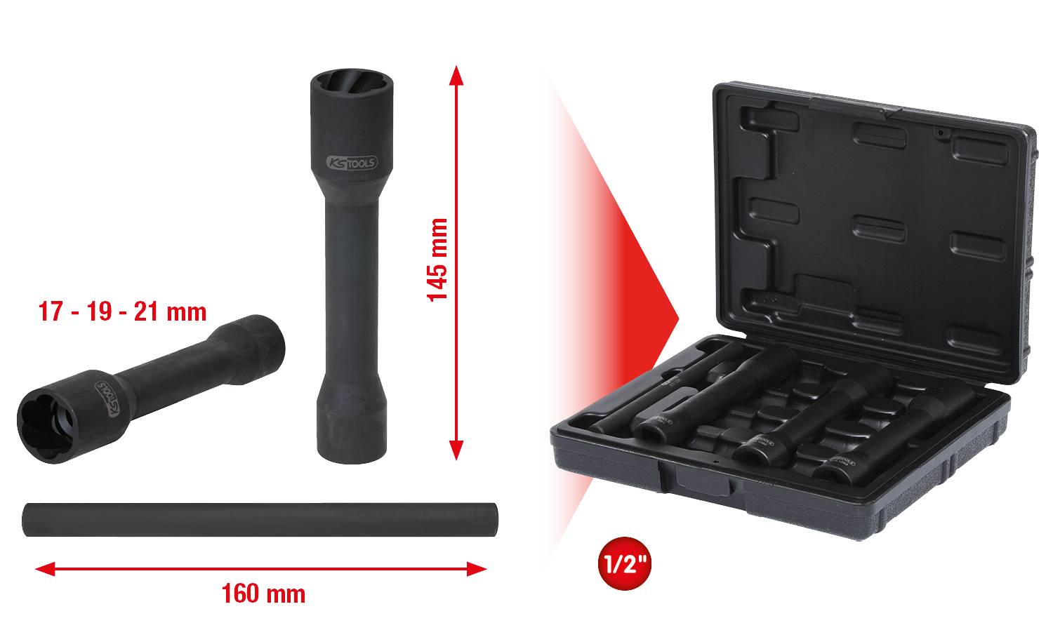 Nástrčkový kľúč so súpravou predĺžení a tromi nástavcami (17, 19, 21 mm). Box obsahuje náradie, celková dĺžka 160 mm, výška 145 mm, 1/2" prípoj.