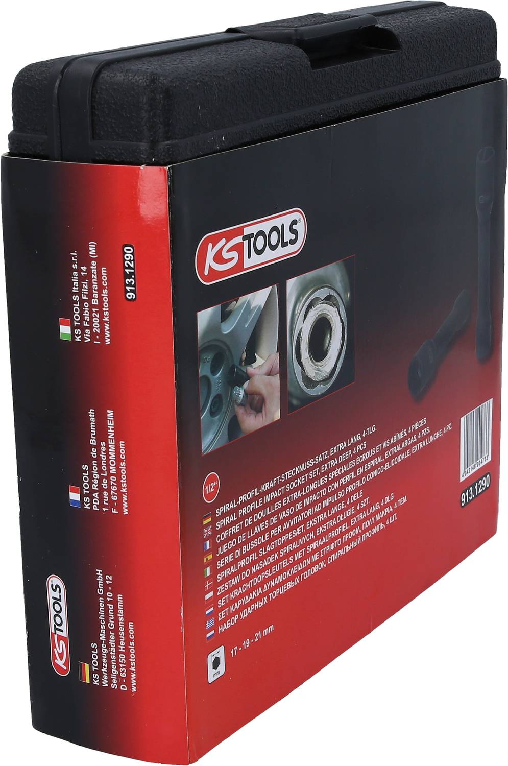 Čierny kufrík na náradie od KS TOOLS s červenou etiketou. Zobrazuje detailný záber náradia a obsahuje produktové informácie vo viacerých jazykoch.