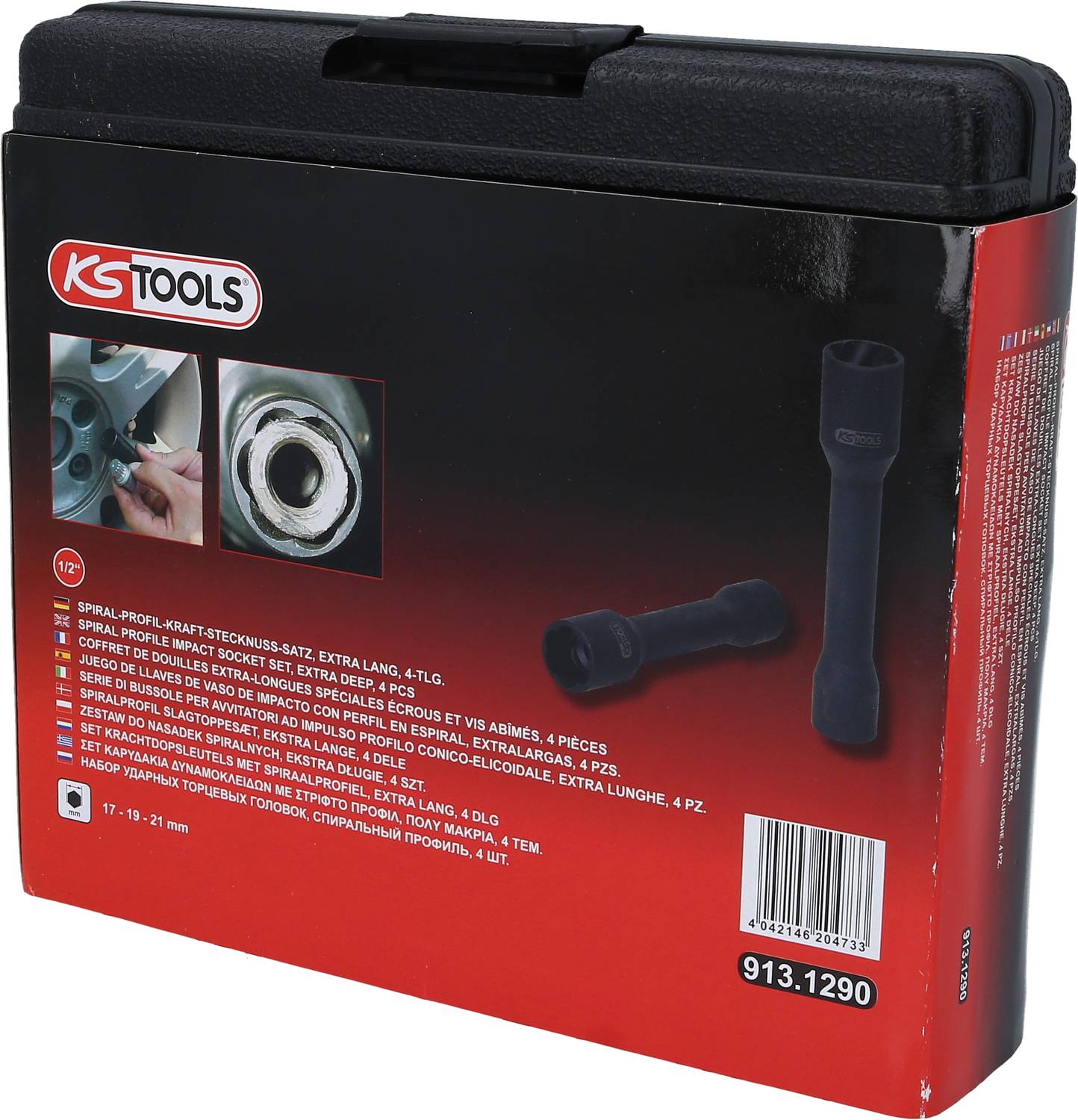 Čierny kufrík na náradie od KS Tools s červeným potlačením. Zobrazuje nástrčný kľúč a ložisko kolesa. Popísaný vo viacerých jazykoch.