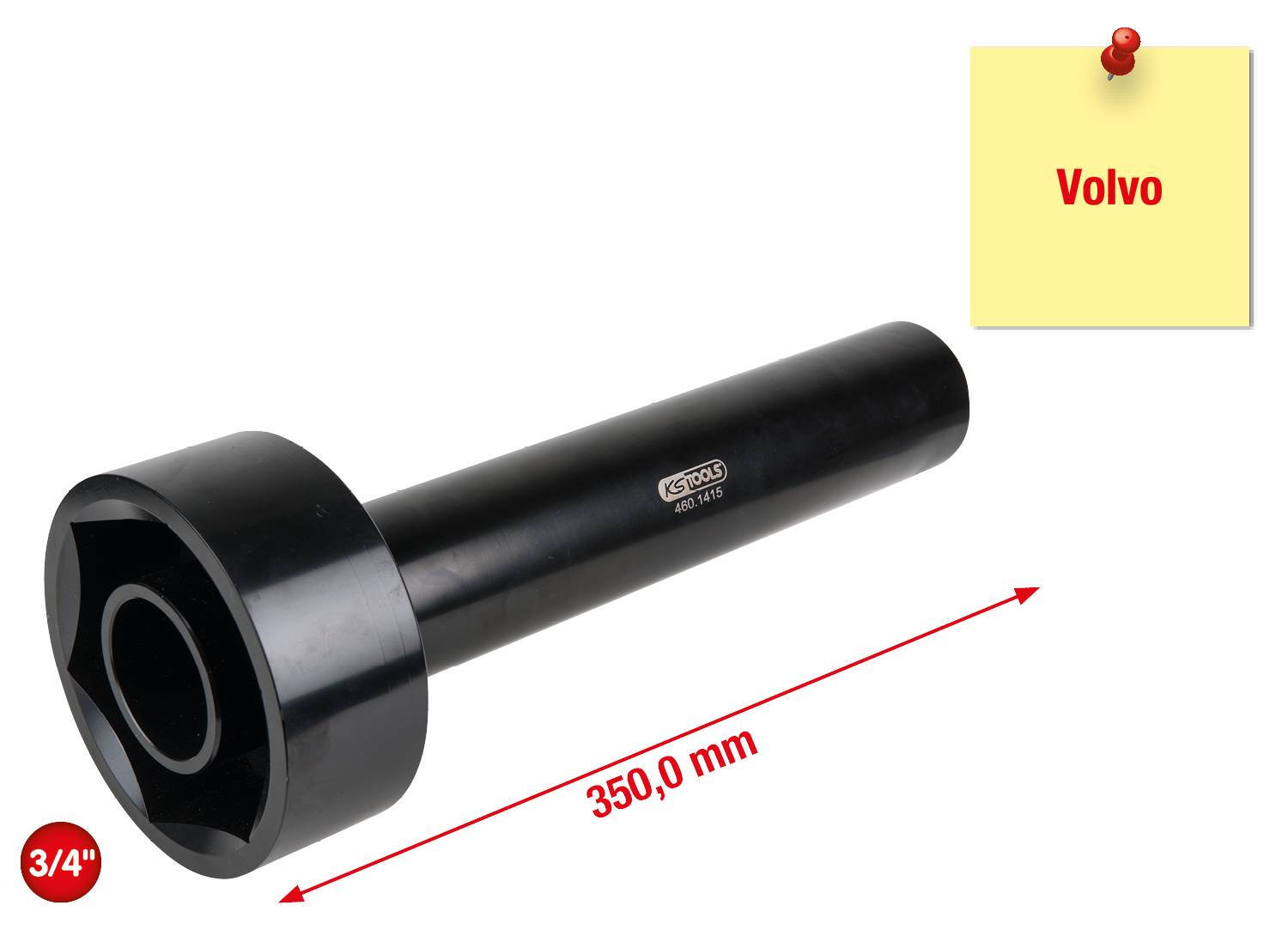 Čierny kovový nástrčný kľúč, 350,0 mm dlhý, určený pre vozidlá Volvo. Červené označenie ukazuje '3/4"'. Žltý poznámkový lístok s textom 'Volvo'.