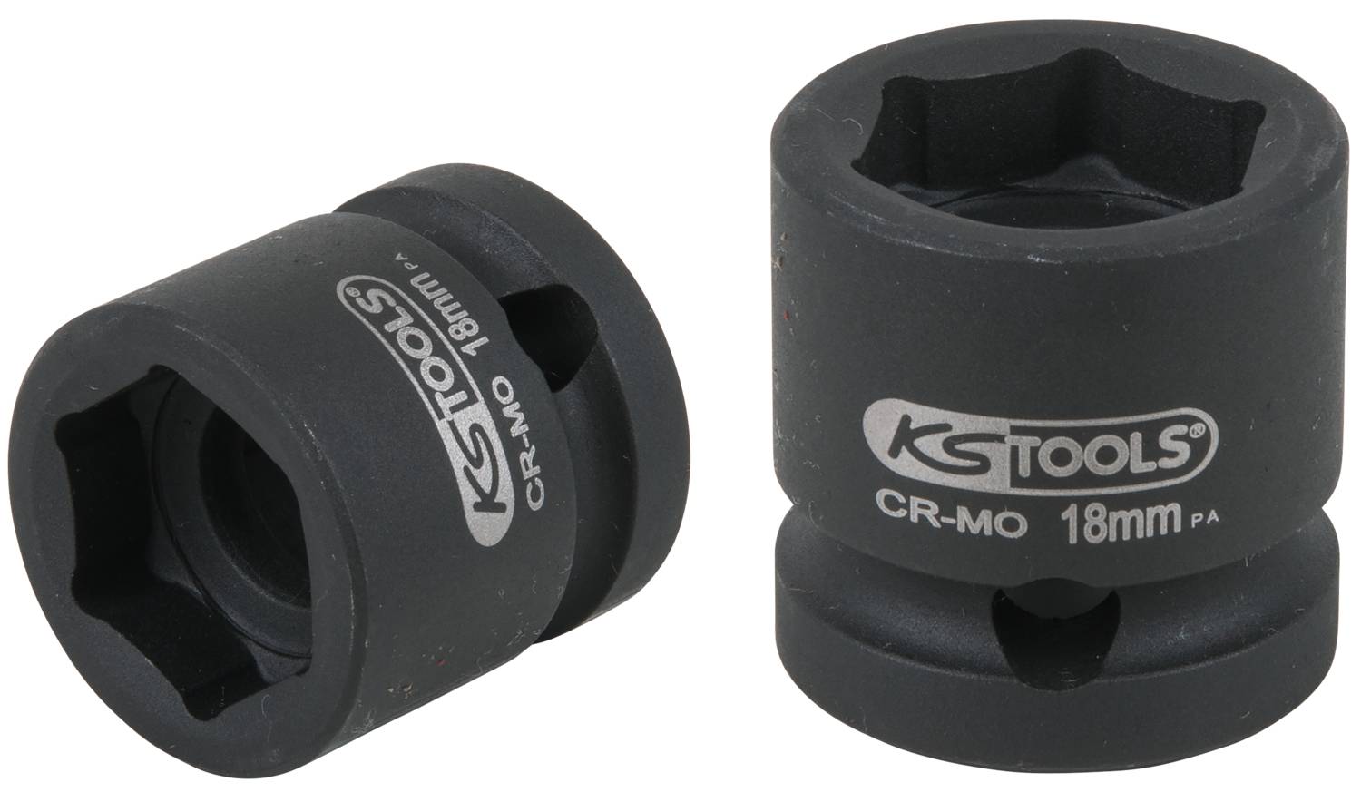 Dva čierne kovové nástrčné kľúče s nápisom 'KS Tools CR-MO 18mm', vhodné pre pneumatické náradie.