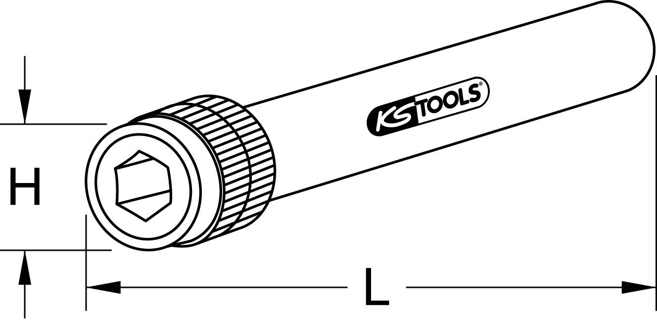 Obrázok imbusového kľúča od KS Tools so zvýraznenými rozmermi: dĺžka (L) a výška (H).