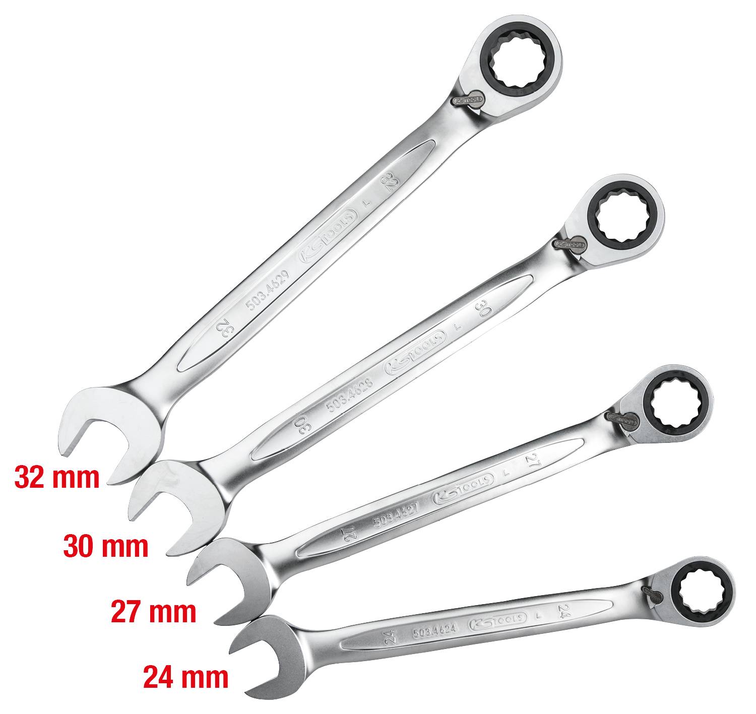 Štyri krúžkové kľúče usporiadané vedľa seba v rôznych veľkostiach (32 mm, 30 mm, 27 mm, 24 mm).