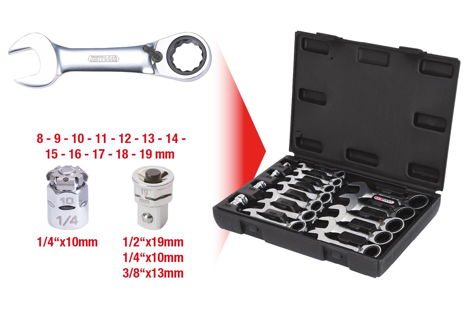 Sada račňových kľúčov v čiernom kufríku s veľkosťami od 8 do 19 mm vrátane adaptéra pre rôzne typy skrutiek.