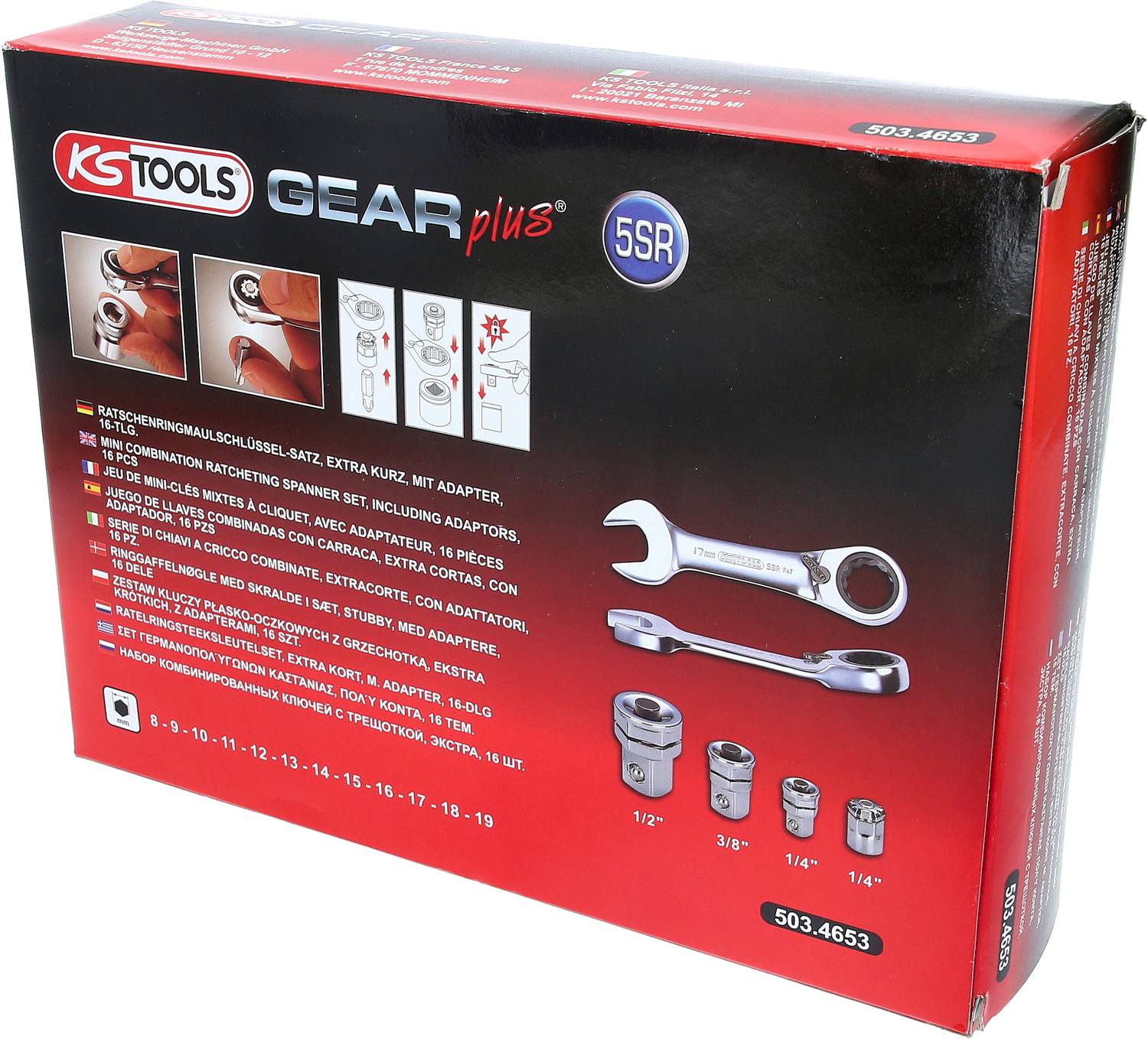 Súprava obojsmerných kľúčov KS Tools GEARplus 5SR v obale s obrázkami náradia a technickými detailmi vo viacerých jazykoch.