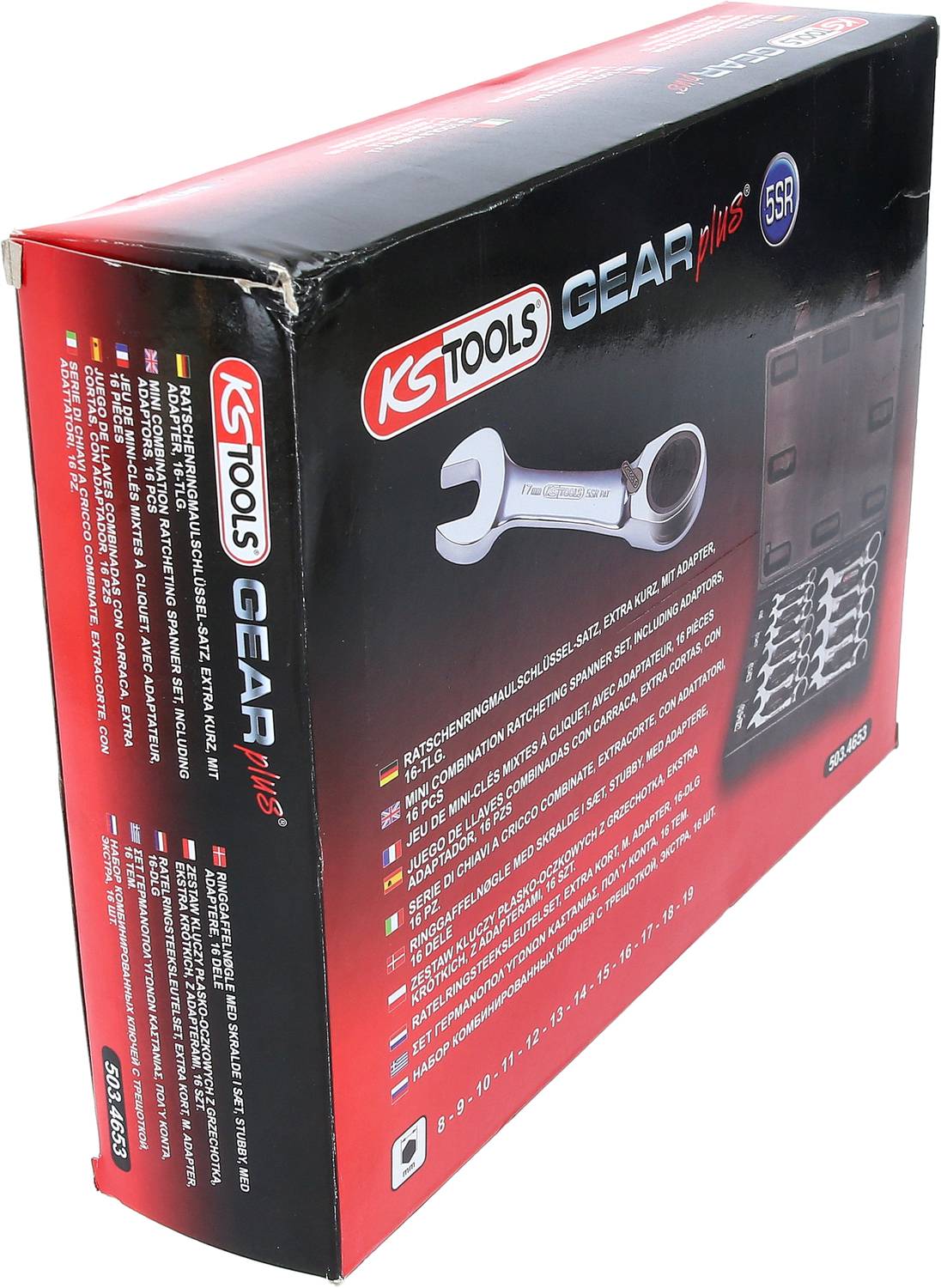 Obal sady očkových kľúčov KS Tools GEARPlus. Zobrazuje obrázok produktu a funkcie nástroja na prednej strane.