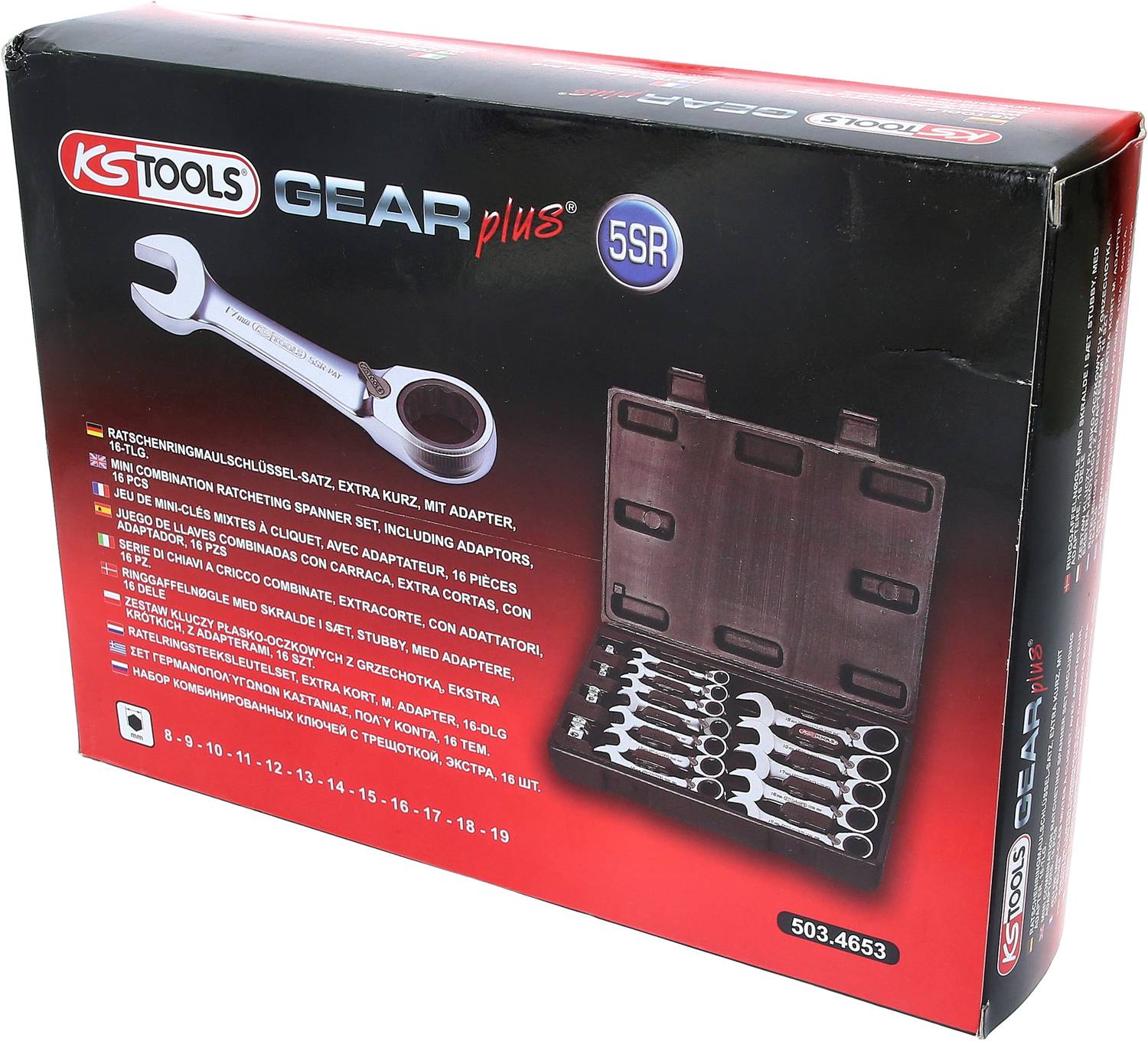 Obal sady krúžkových kľúčov značky KS Tools, série GEARplus, vrátane adaptéra. Čierna škatuľa s obrázkom a špecifikáciami modelu.